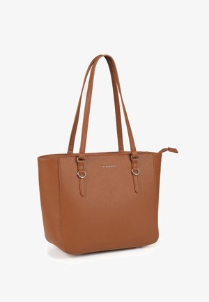 Bolso tote de cuero marrón con doble asa para el hombro, anillas metálicas y cremallera superior, con la marca "VIVISENCE" en la parte delantera.