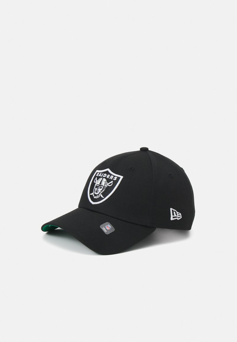 Black baseball cap made of fabric, featuring a white Raiders logo patch and a green underside on the visor. Smooth texture, structured design.
