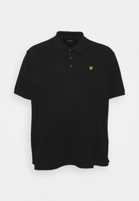 Maglietta polo nera in cotone, dotata di colletto, patta con tre bottoni e un piccolo logo ricamato giallo sul petto.
