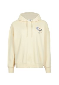 Felpa crema con una vestibilità rilassata, coulisse e polsini a coste. Presenta una grafica di una persona con un paracadute.