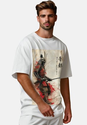 White cotton t-shirt featuring a samurai graphic with red accents, intricate armor design, and Asian text on a textured background.