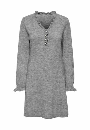Robe grise en tricot à manches longues, décolleté en V et patte de boutonnage ornée de perles décoratives. L'ourlet et les poignets à volants ajoutent de la texture.