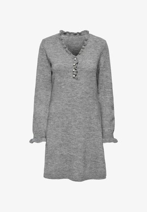 Abito lavorato a maglia grigio con maniche lunghe, scollatura a V e pattina dei bottoni con perle decorative. L'orlo arricciato e i polsini aggiungono texture.