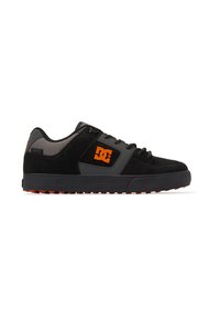 Black skate shoes with suede and mesh materials, featuring a prominent orange logo, rubber sole, and contrasting orange accents on the sole.