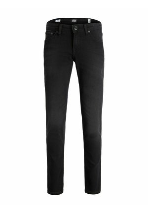 Sorte slim-fit jeans med fem lommer, bæltestropper og knaplukning, vist mod en enkel hvid baggrund.