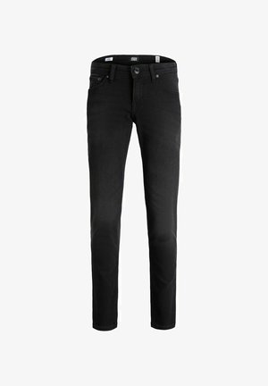 Jean slim noir avec cinq poches, passants de ceinture et fermeture par bouton, présenté sur fond blanc uni.
