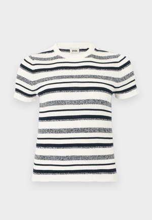 Gestricktes Kurzarm-Top mit horizontalen marineblauen und weißen Streifen. Rundhalsausschnitt und gerippte Struktur mit figurbetonter Silhouette.