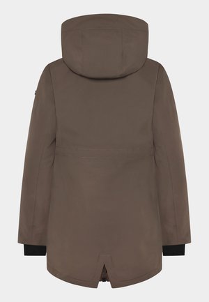 Bruine waterdichte parka met capuchon, met een rechte snit, elastische boorden en een geventileerde achterzoom voor bewegingsvrijheid. Gladde, matte textuur.