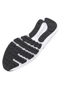 Schwarz-weiße Sohle eines Sportschuhs mit strukturierten Grip-Mustern, aus strapazierfähigem Gummi-Material und einem stromlinienförmigen Design für besseren Halt.