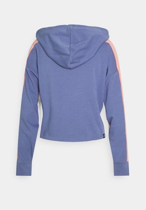 Blue hooded sweatshirt with long sleeves and pink stripes running down the outer sides of the sleeves, shown from the back.