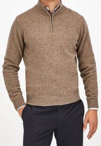 Brauner Strickpullover mit hohem Kragen und Viertelreißverschluss. Gerippte Bündchen und Saum, glatte Textur, über einem blau gestreiften Hemd mit Kragen getragen.