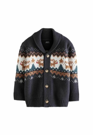 Dunkler gestrickter Cardigan mit Knopfleiste vorne, Schalkragen und festlichem Muster aus Rentieren, Sternen und Bäumen in weißen, braunen und grünen Streifen.