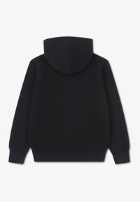 Black hooded sweatshirt with a smooth texture, long sleeves, and a simple design. Features a centered back seam and no visible logos or accents.