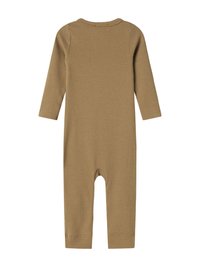 Brun ribbade långärmade bodysuit med rund halsringning, med åtsittande ärmar och ben, tillverkad av ett mjukt och stretchigt tyg.