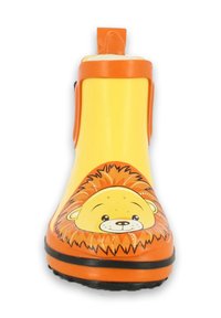 Gelbe Gummistiefel mit orangen Akzenten, die ein Löwenkopf-Design auf der Vorderseite und eine schwarze Sohle mit strukturiertem Grip aufweisen.