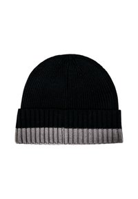 Gorro de punto negro con una banda gris gruesa y acanalada en la parte inferior. Presenta un tejido ajustado y pliegues en la base para un ajuste seguro.