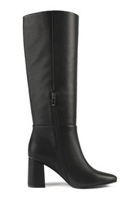 Black knee-high boot made of textured leather. Features a side zipper, pointed toe, and a chunky heel for stability. Smooth finish.