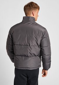 Giacca a vento grigia con colletto alto, cuciture orizzontali visibili e polsini elasticizzati. Tessuto liscio, design imbottito per il calore.