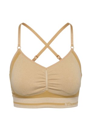 Beige sports-bh med polstrede skåle, ribbet underbånd og krydsede justerbare skulderstropper. Diskret logo på den nederste bånd.