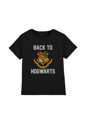 Black short-sleeve T-shirt with Hogwarts crest and text "BACK TO HOGWARTS" in gray block letters on front.