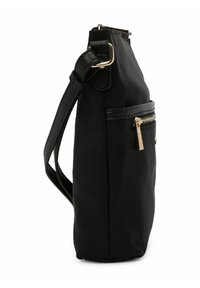 Borsa a tracolla nera con esterno in tessuto morbido, profilo sottile, tracolla e tasca frontale con zip e hardware in tonalità dorata.