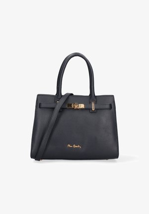 Sac à main en cuir noir texturé avec deux anses, une bandoulière détachable, un fermoir à toron doré et un petit logo doré à l'avant.