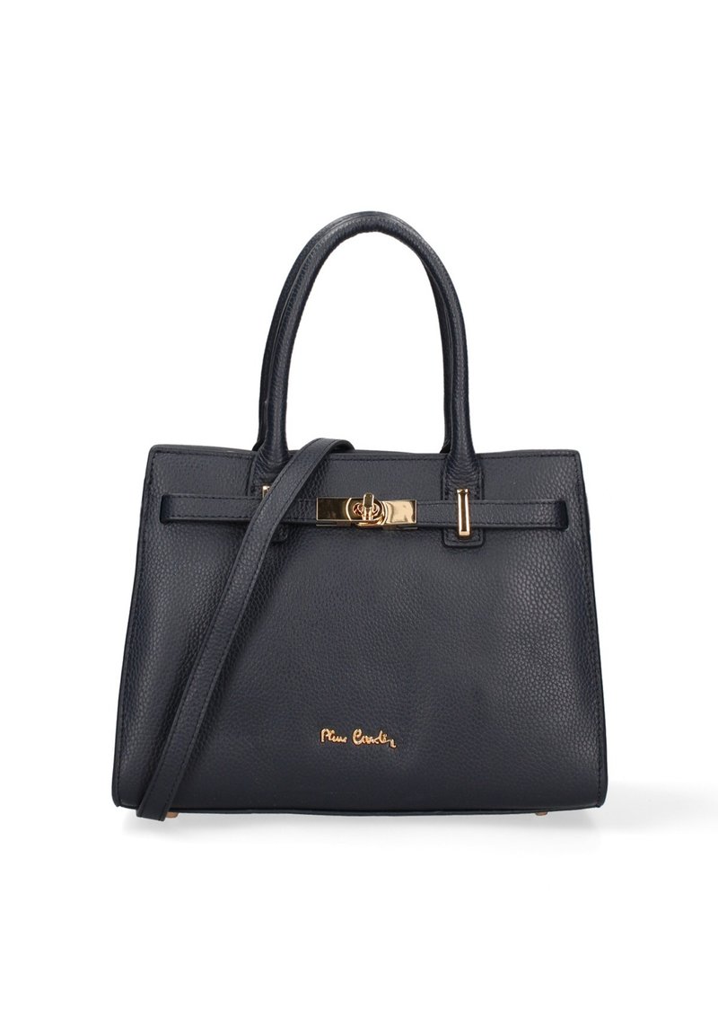 Borsa a tracolla in pelle nera con texture, due manici, cinturino a spalla rimovibile, chiusura a lucchetto a torsione in tono oro e piccolo logo dorato sul davanti.