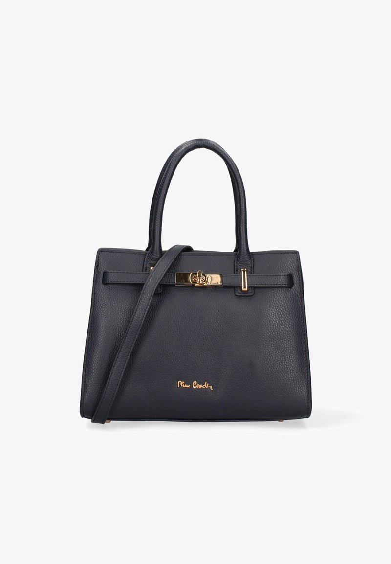 Borsa a tracolla in pelle nera con texture, due manici, cinturino a spalla rimovibile, chiusura a lucchetto a torsione in tono oro e piccolo logo dorato sul davanti.