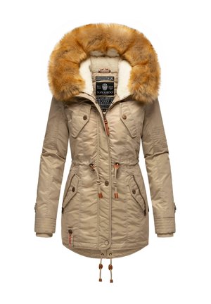 Beige padded jacket with a fur-trimmed hood, drawstring waist, snap buttons, and multiple front pockets; soft interior lining.
