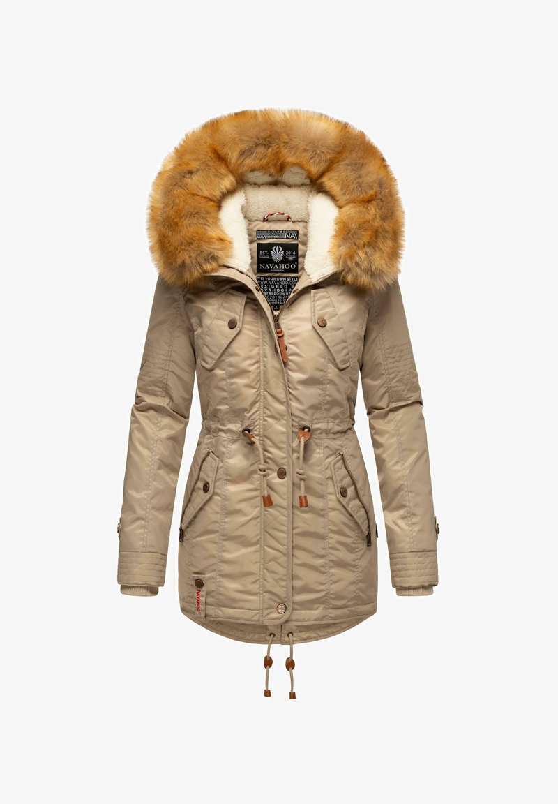 Beige padded jacket with a fur-trimmed hood, drawstring waist, snap buttons, and multiple front pockets; soft interior lining.