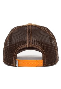 Braunes Netz-Trucker-Hut mit einer Front aus beigem Stoff. Verfügt über einen orangefarbenen verstellbaren Kunststoffriemen und braune Stickakzente auf dem Schirm.