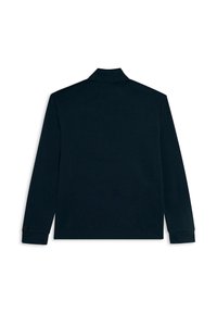 Polo-shirt à manches longues marine en coton doux, avec un col et des boutons aux poignets. Design uni, sans motifs visibles.