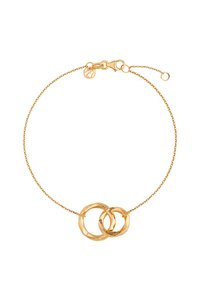 Złota bransoletka z dwoma splatającymi się okrągłymi ogniwami o fasetowanym wzorze. Cienki łańcuszek z zapięciem typu karabińczyk i regulowaną długością.