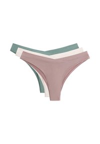 Set van drie dames stringonderbroeken in zachte kleuren: lichtroze, zachtgroen en crème; gemaakt van gladde stof met naadloze randen.