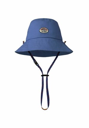 Blue bucket hat with adjustable chin strap and "be wild" patch on the front, designed for outdoor use.