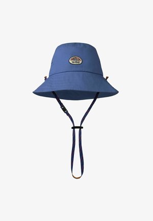 Blue bucket hat with adjustable chin strap and "be wild" patch on the front, designed for outdoor use.