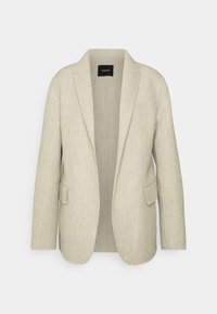 Svetle béžový blazer vyrobený z texturované látky, s klopovým límcem, otevřeným předním dílem a dvěma předními kapsami. Minimalistický design s čistými liniemi.