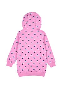 Pink hooded sweatshirt featuring a repeated floral pattern in turquoise, blue, and navy. Made from soft material with ribbed cuffs.