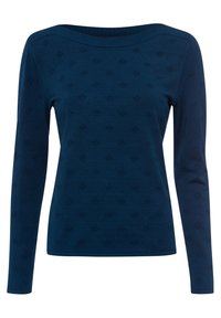 Marineblauw top met lange mouwen met een ronde halslijn, gestructureerde patronen en een aansluitende pasvorm, gemaakt van een zachte, rekbare stof.