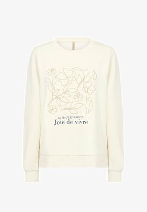 Roomkleurige sweatshirt met bloemenborduursel en de tekst "La beauté est partout Joie de vivre" in een contrasterende kleur. Lange mouwen, ronde halslijn.