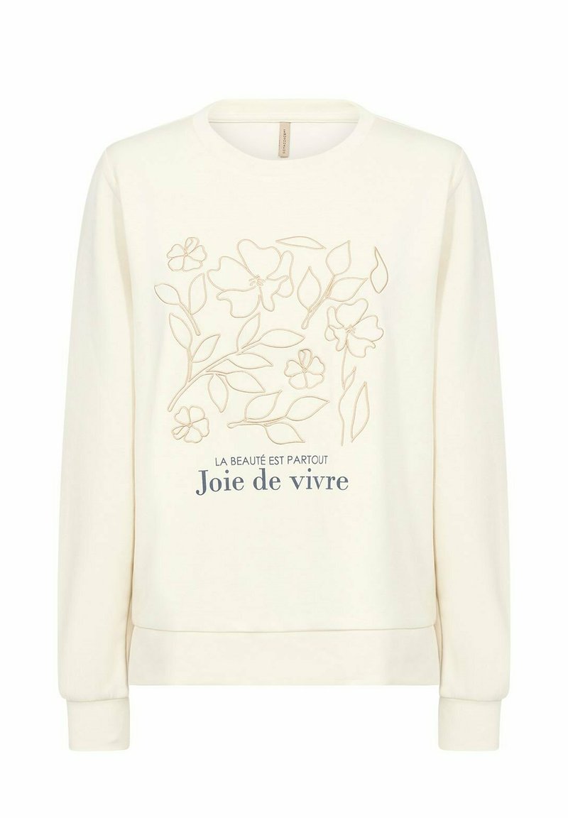 Cremefarbener Pullover mit floraler Stickerei und dem Text "La beauté est partout Joie de vivre" in einer kontrastierenden Farbe. Lange Ärmel, Rundhalsausschnitt.