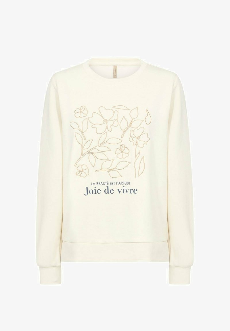 Cremefarbener Pullover mit floraler Stickerei und dem Text "La beauté est partout Joie de vivre" in einer kontrastierenden Farbe. Lange Ärmel, Rundhalsausschnitt.