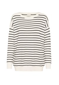 Pull blanc avec des rayures horizontales noires, en maille légère, grand décolleté bateau, épaules tombantes et ourlet côtelé.