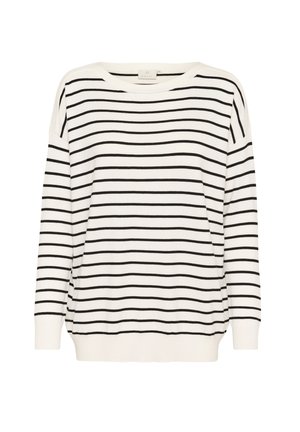 Suéter blanco con rayas horizontales negras, material de punto ligero, escote redondo amplio, hombros caídos y dobladillo acanalado.