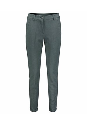 Slim-fit dark gray textured trousers with front pockets, belt loops, button closure, and rolled cuffs.