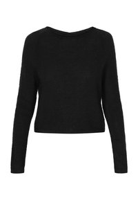 Pulover negru cu un design texturat de tricot, mâneci lungi și decolteu larg. Are o formă scurtă și margini striate.