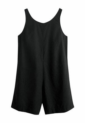 Black sleeveless romper with wide legs and a scoop neckline, made of lightweight fabric, displayed on a white background.