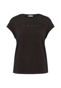 Zwarte korte mouwen t-shirt van katoen met een ronde hals. Heeft de tekst "NEW PATH" in een lichter tint gedrukt op de voorkant.