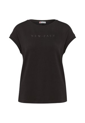 Schwarzes T-Shirt mit kurzen Ärmeln aus Baumwolle und rundem Ausschnitt. Mit dem aufgedruckten Text "NEUER WEG" in einer helleren Farbe auf der Vorderseite.