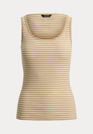 Μπεζ και λευκό αμάνικο τοπ με οριζόντιες ρίγες, στρογγυλή λαιμόκοψη, ριμπ υφή και ετικέτα "Lauren Ralph Lauren" στο εσωτερικό γιακά.